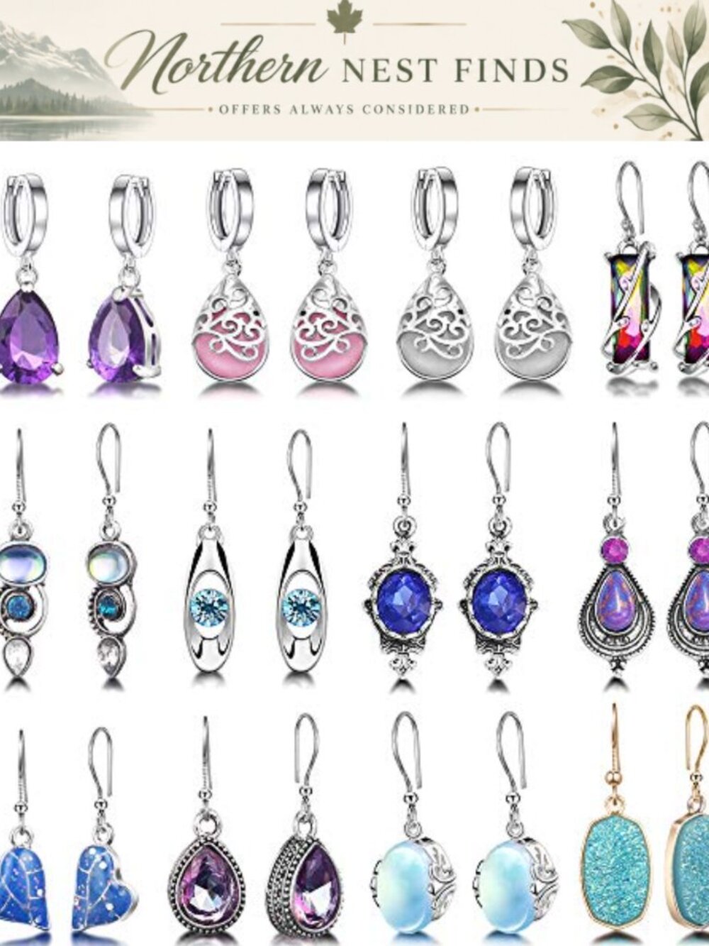 12 Pairs Teardrop Crystal Dangle Earrings Cubic Zirconia Hoop Set